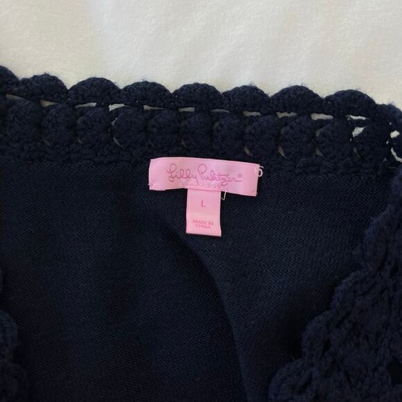 Lilly Pulitzer Sweater Shift Kariana Crochet Navy 100% Wool Dress, Size Large - Picture 8 of 11